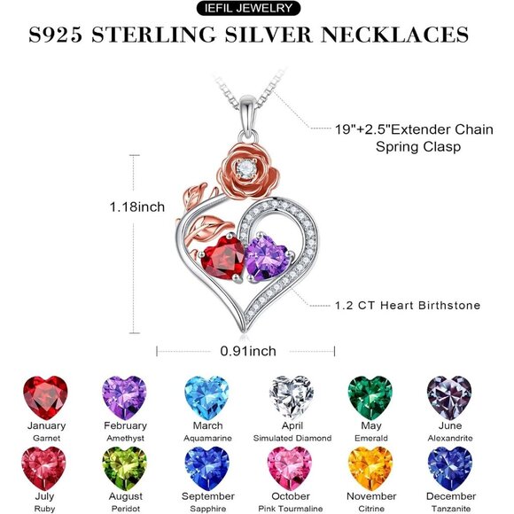Sterling Silver Double Heart Birthstone Necklace with Rose Flower Design for Wom - Picture 5 of 7